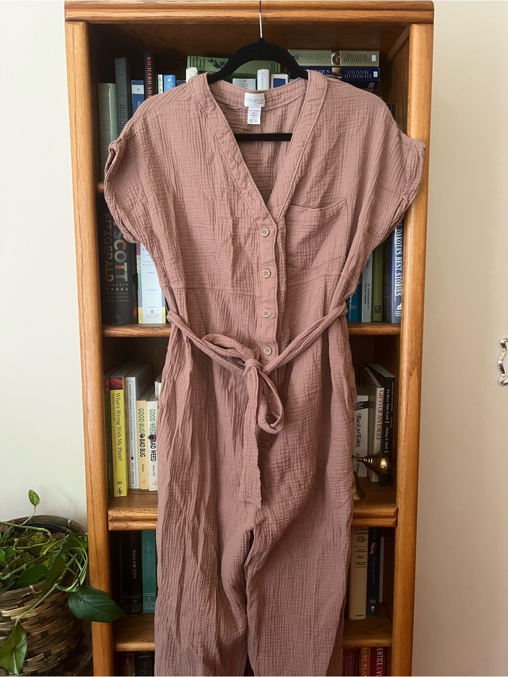 Button-Front Tan Mauve Cotton Gauze jumpsuit with Tie Waist
